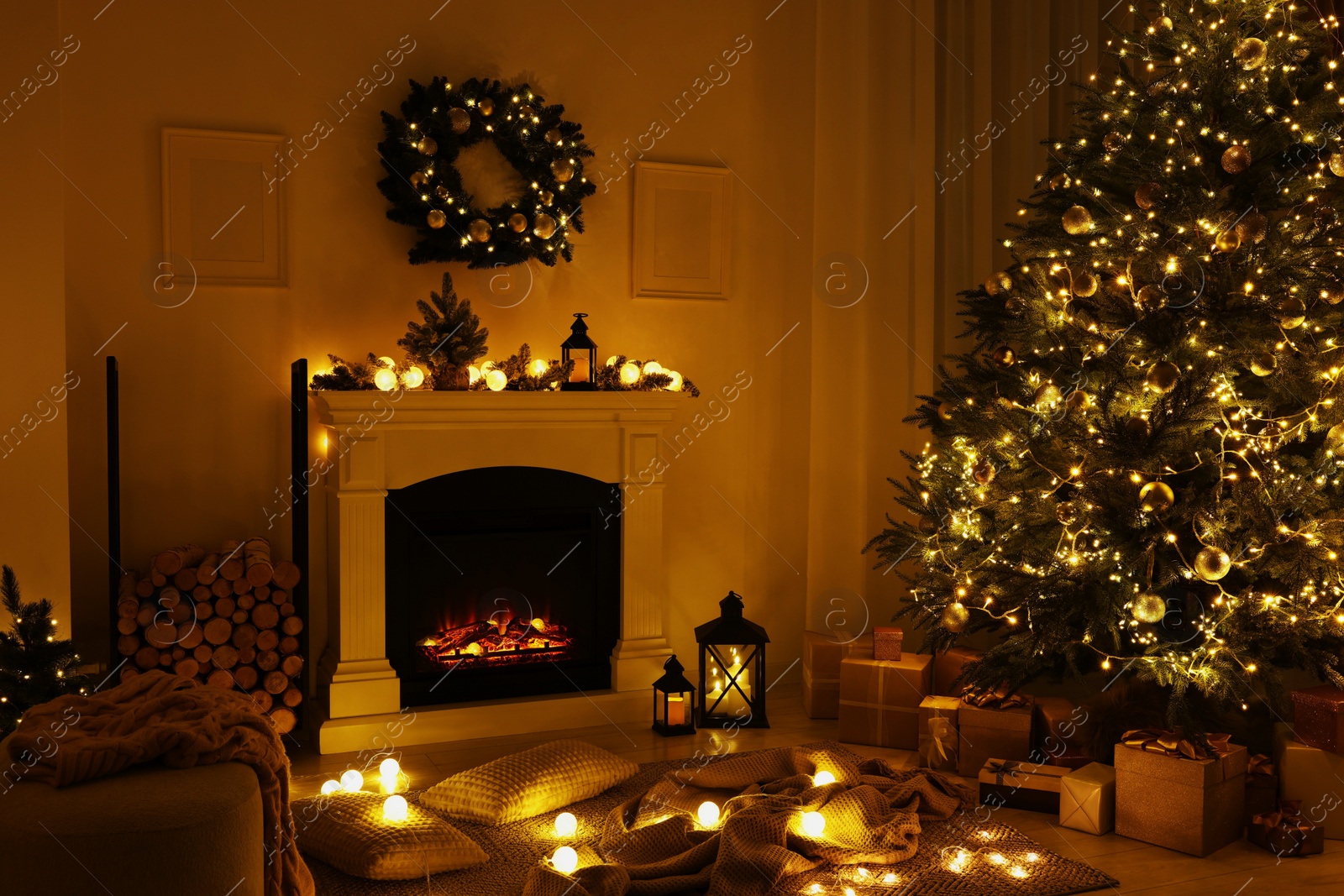 Photo of Beautiful living room interior with burning fireplace and Christmas tree in evening