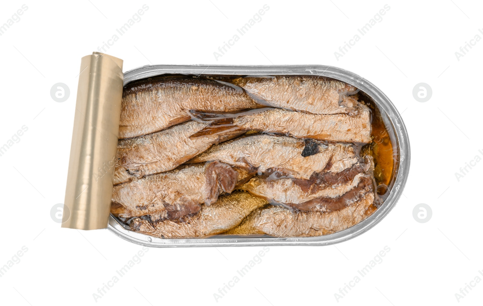 Photo of Tin can with conserved fish on white background, top view