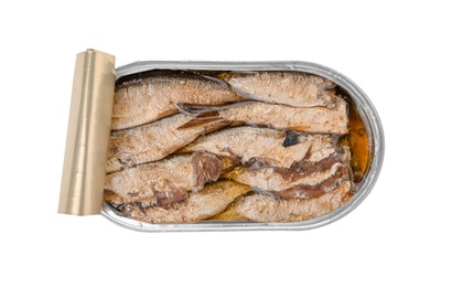 Photo of Tin can with conserved fish on white background, top view