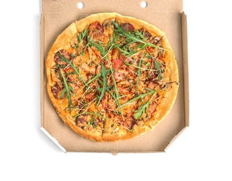 Photo of Cardboard box with tasty pizza on white background, top view