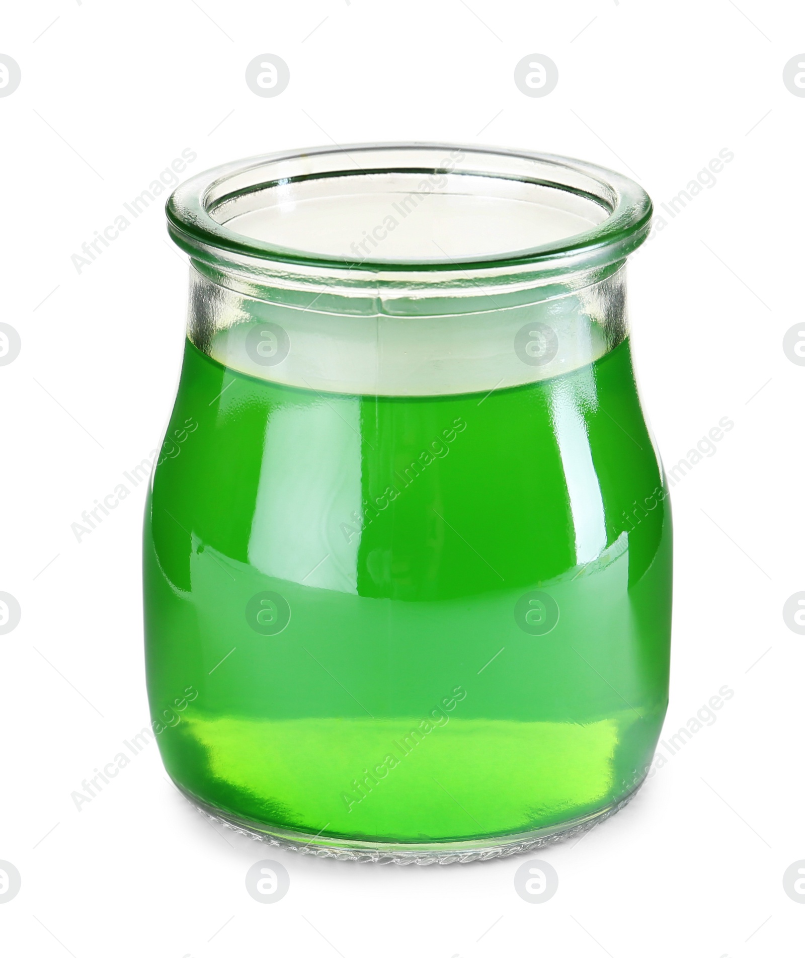 Photo of Tasty colorful jelly in glass jar on white background