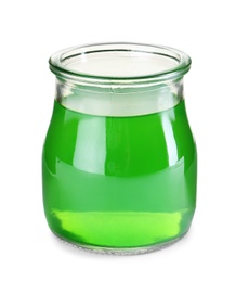 Photo of Tasty colorful jelly in glass jar on white background