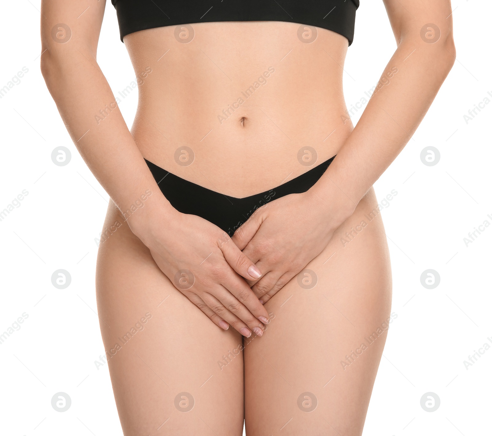 Photo of Gynecology. Woman in underwear on white background, closeup