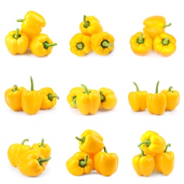 Set of fresh whole yellow bell peppers on white background