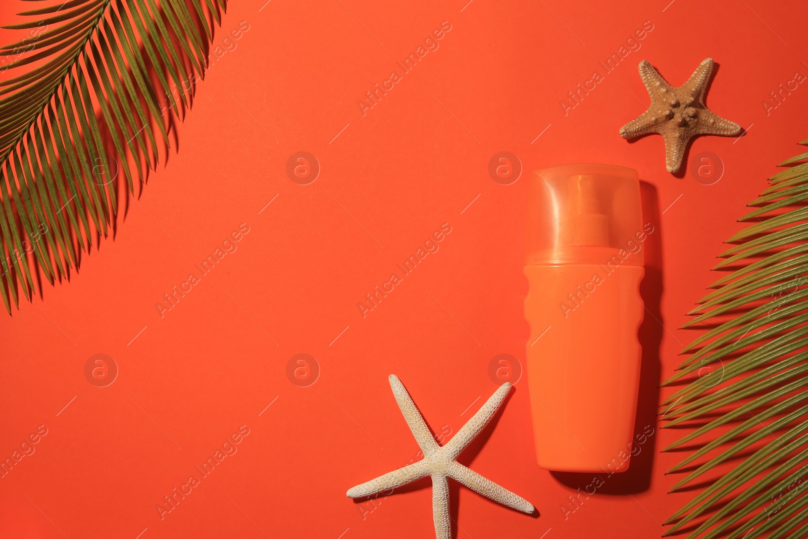 Photo of Sunscreen, starfish and tropical leaves on coral background, flat lay and space for text. Sun protection care