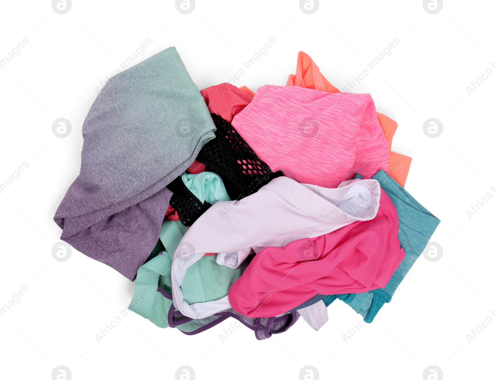 Photo of Pile of clothes isolated on white, top view