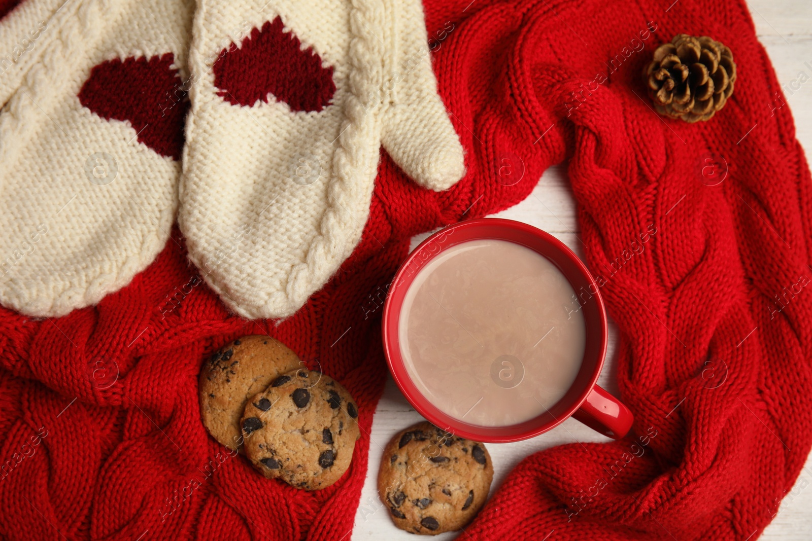 Photo of Flat lay composition with cup of hot cocoa on table. Winter drink