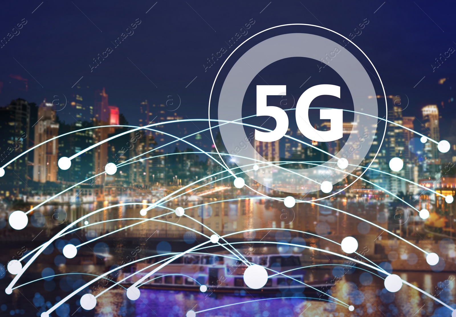 Image of 5G network wireless system. Beautiful cityscape and network connection lines 