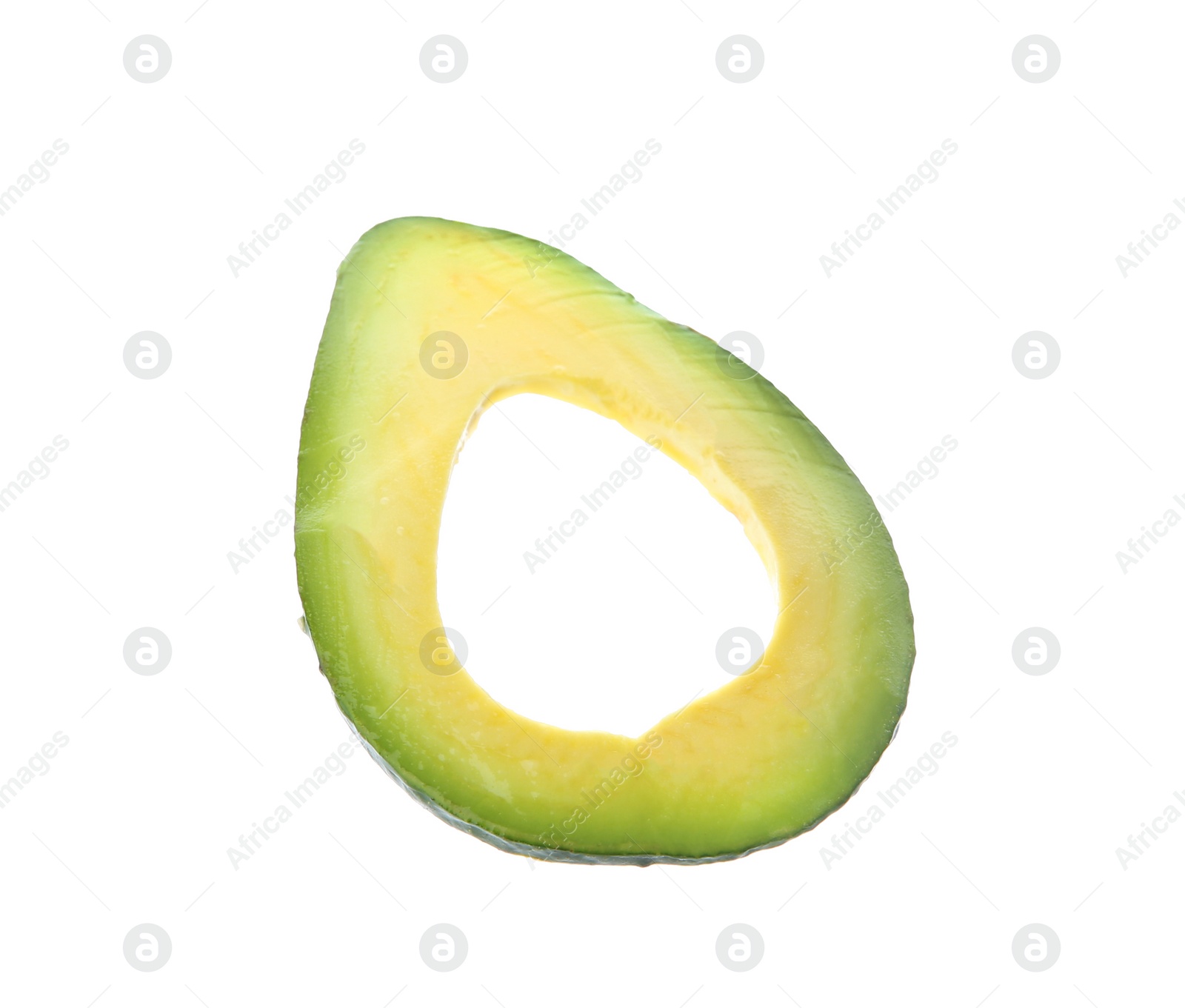 Photo of Slice of ripe avocado on white background