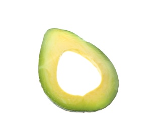 Photo of Slice of ripe avocado on white background