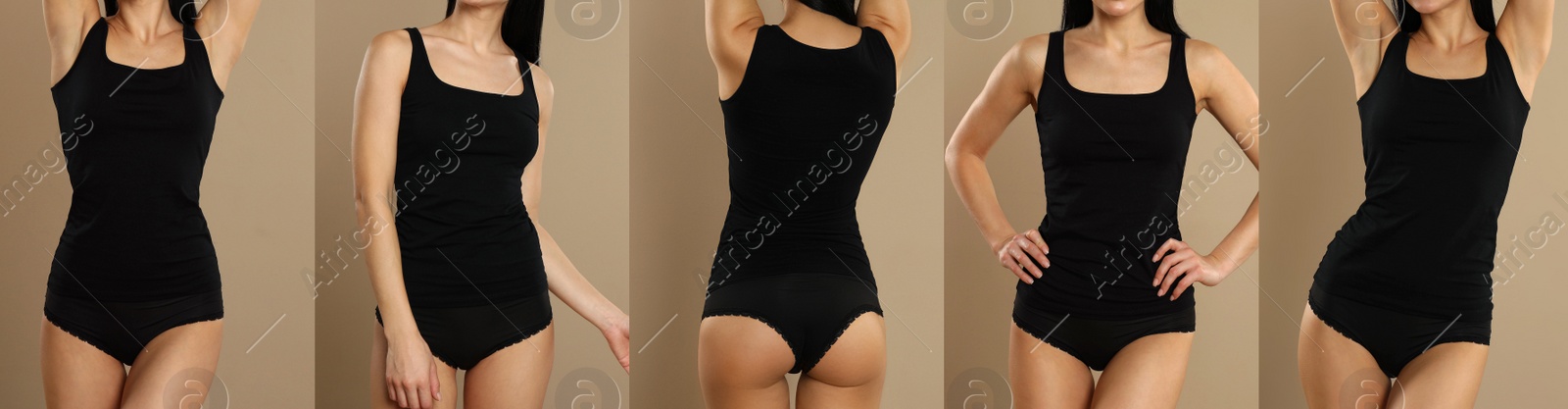 Image of Collage of young woman in black underwear on beige background, closeup