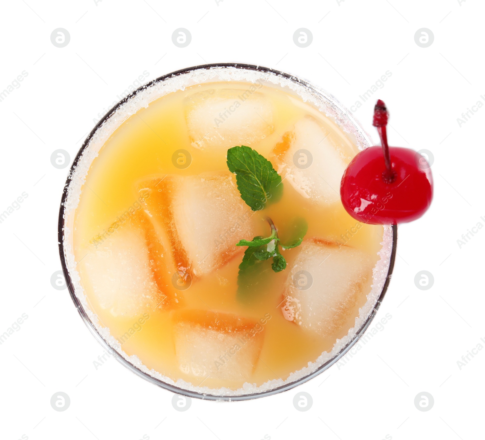 Photo of Fresh alcoholic Tequila Sunrise cocktail isolated on white, top view