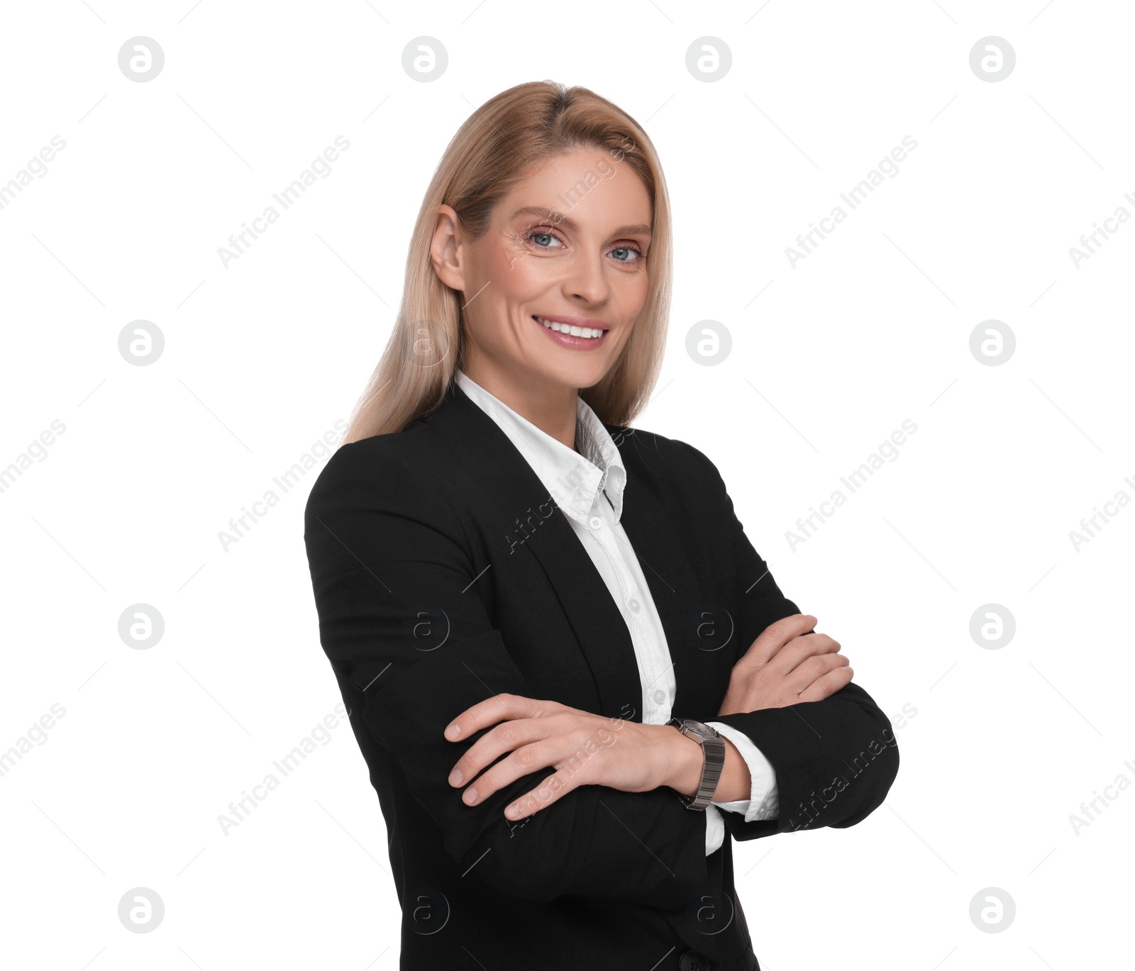 Photo of Portrait of smiling woman with crossed arms on white background. Lawyer, businesswoman, accountant or manager