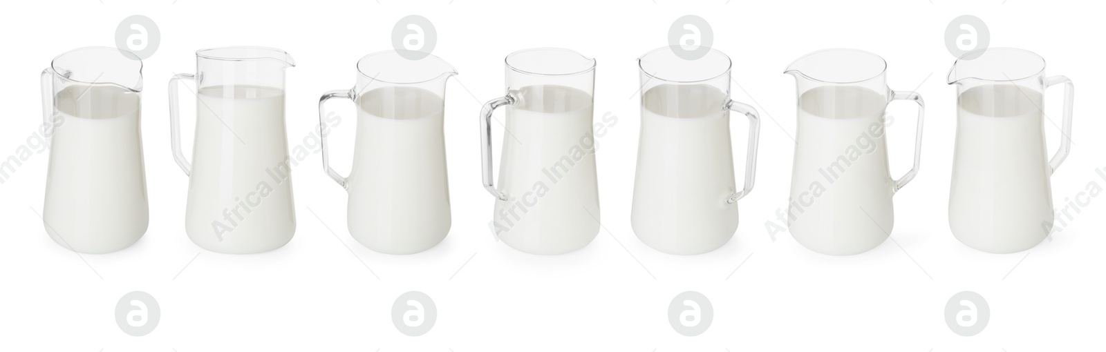 Image of Fresh milk in jug isolated on white, set