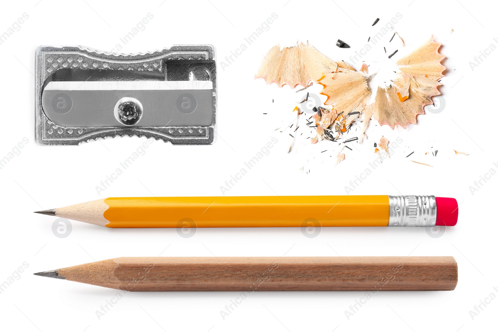 Image of Different graphite pencils, sharpener and shavings isolated on white, set