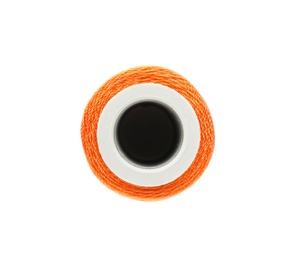 Photo of Color sewing thread on white background, top view
