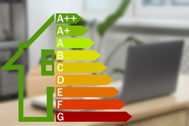 Image of Energy efficiency rating and blurred view of office interior