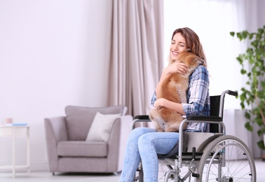 Young woman in wheelchair with puppy at home