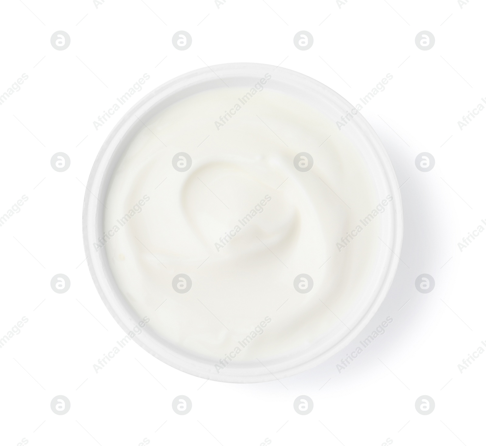 Photo of Delicious natural yogurt in plastic cup isolated on white, top view