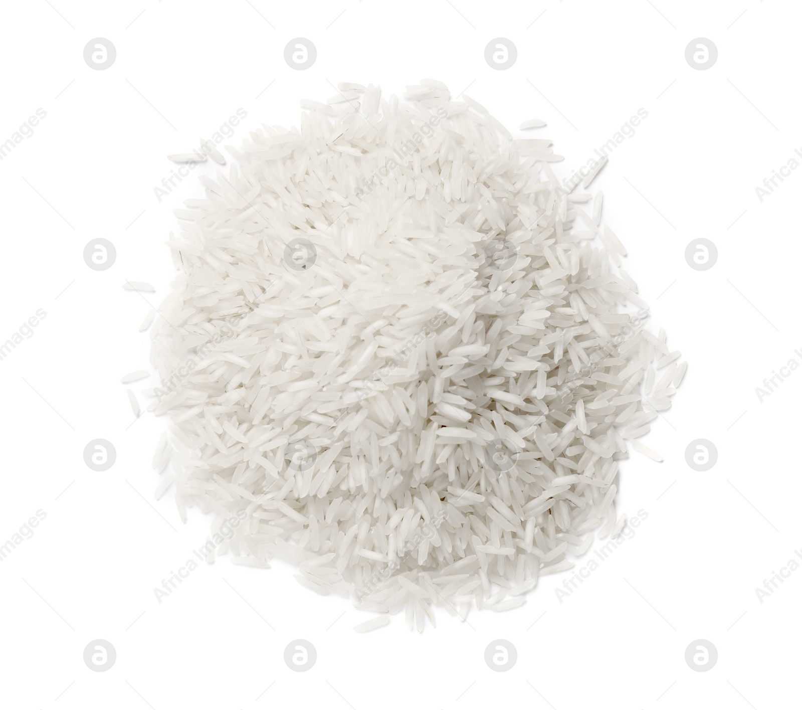 Photo of Pile of raw basmati rice isolated on white, top view