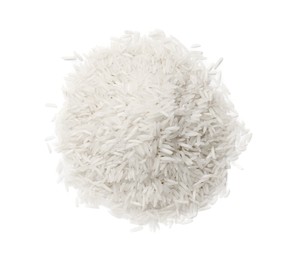 Pile of raw basmati rice isolated on white, top view