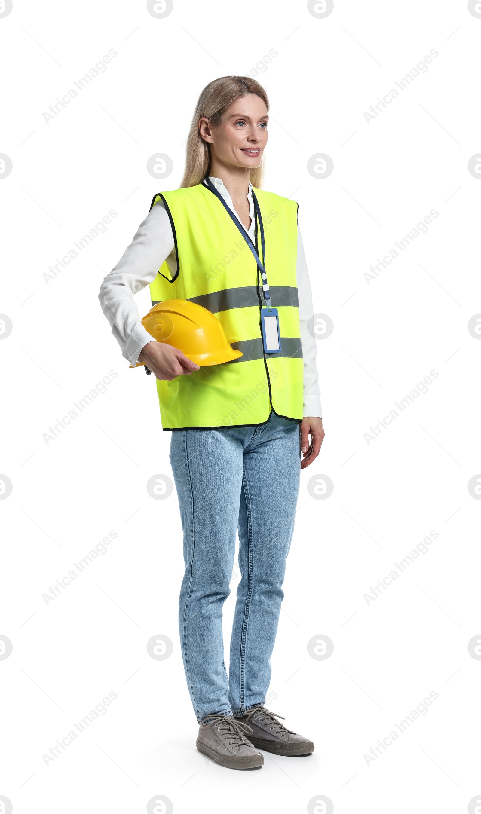 Photo of Engineer with hard hat and badge on white background