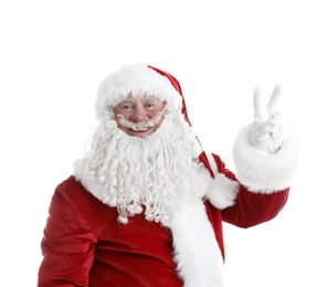 Photo of Portrait of authentic Santa Claus on white background