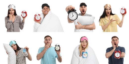 Image of Collage with photos of people with alarm clocks on white background. Banner design