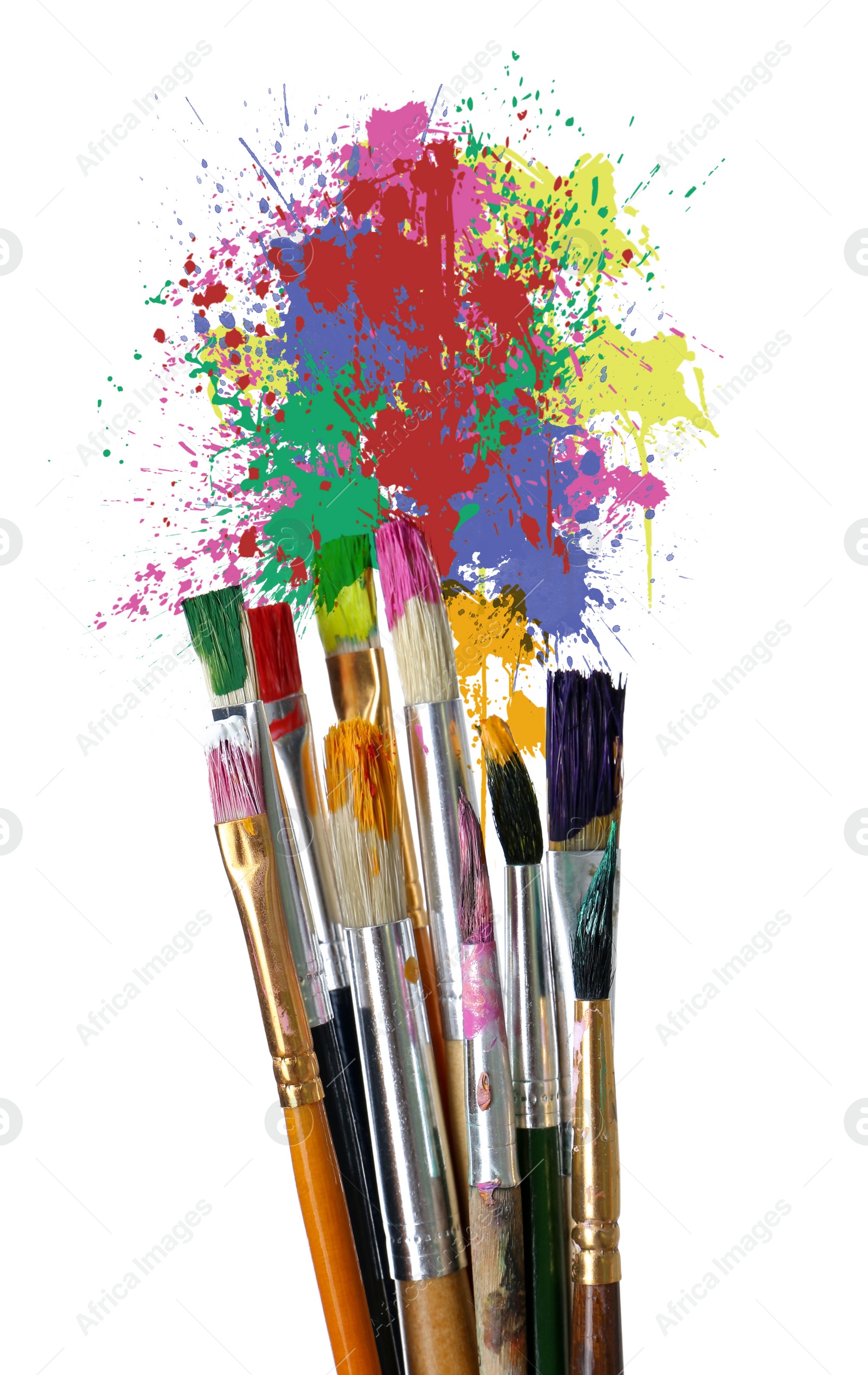 Image of Different brushes and paint splatters on white background