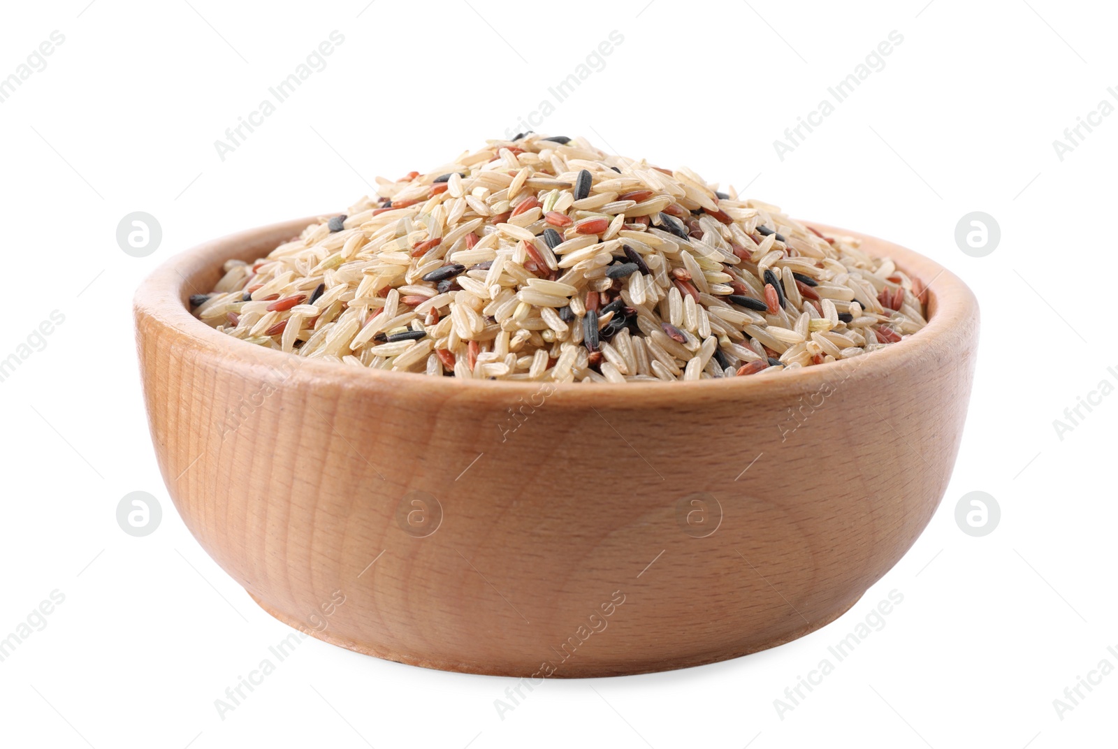 Photo of Mix of different brown rice in wooden bowl isolated on white