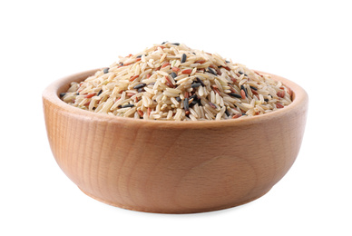Photo of Mix of different brown rice in wooden bowl isolated on white