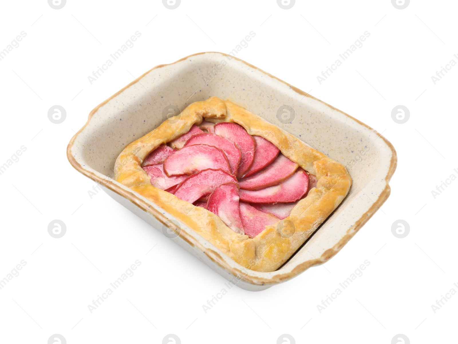 Photo of Delicious galette with apples isolated on white