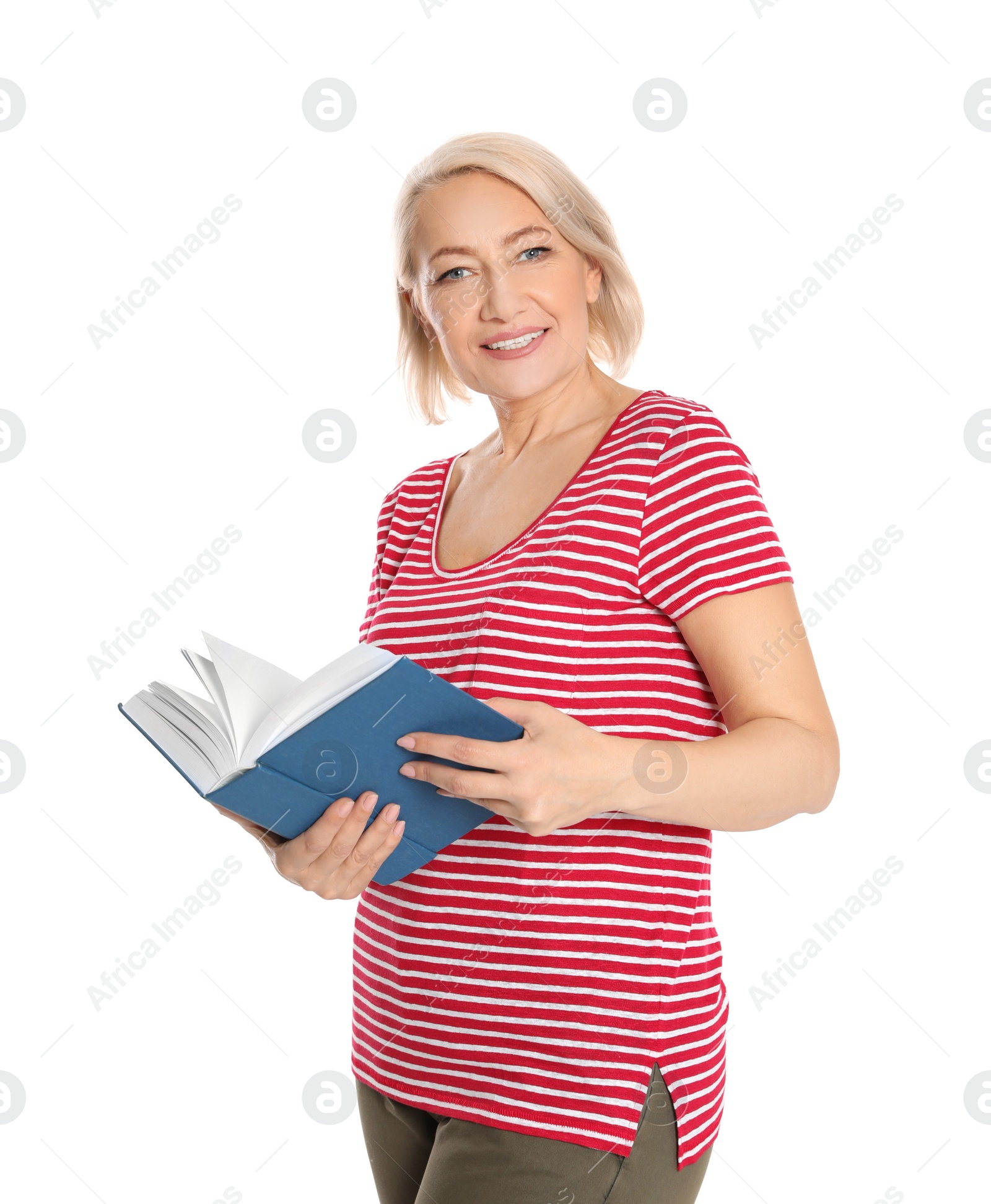 Photo of Senior woman reading book on white background