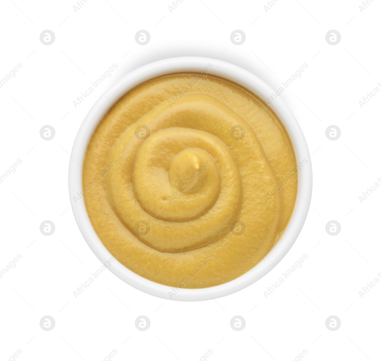 Photo of Fresh mustard sauce in bowl isolated on white, top view