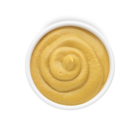 Photo of Fresh mustard sauce in bowl isolated on white, top view