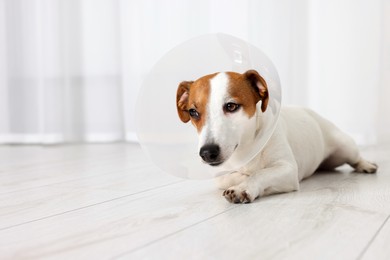 Photo of Cute Jack Russell Terrier dog wearing medical plastic collar lying on floor indoors, space for text