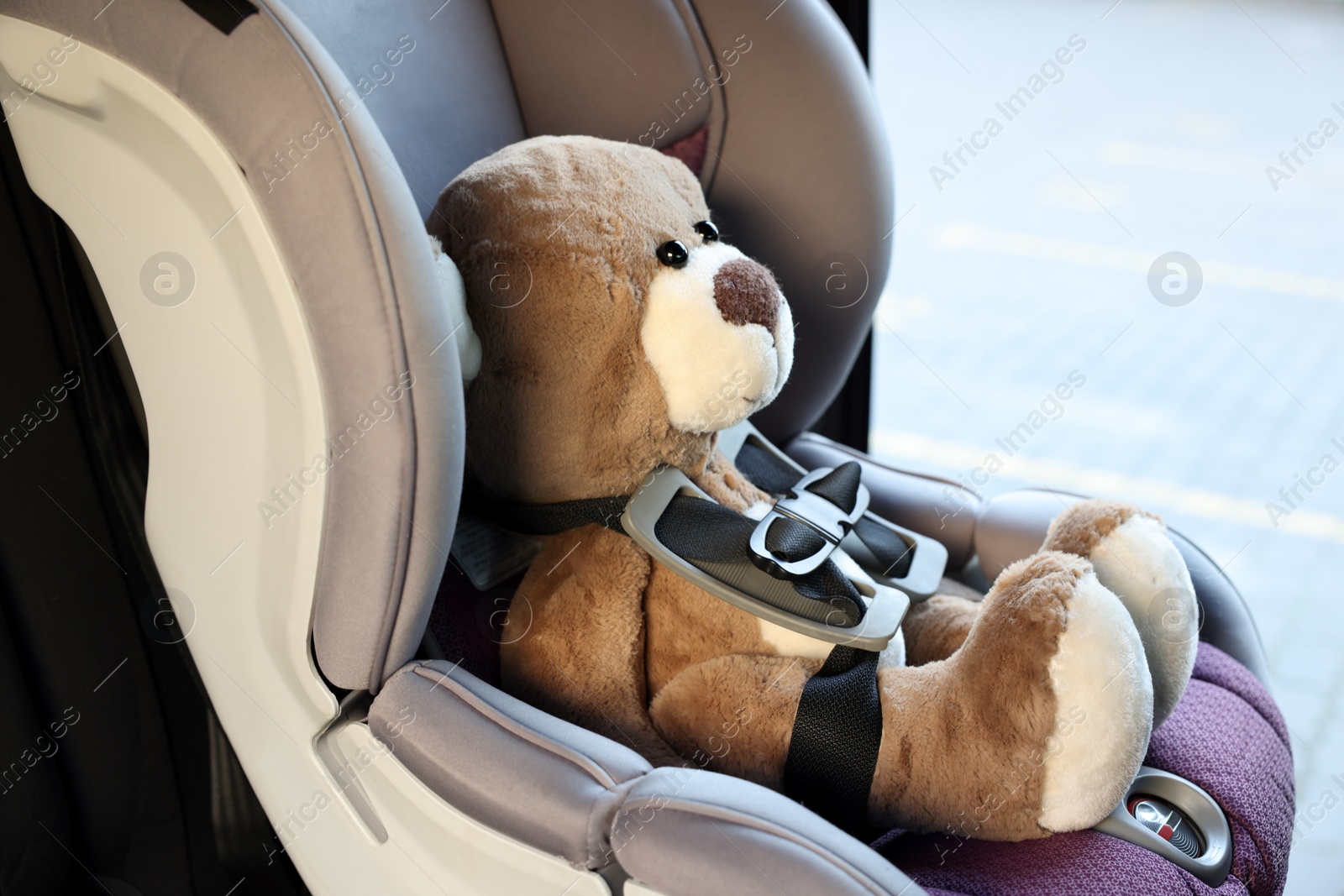 Photo of Teddy bear in child safety seat inside car