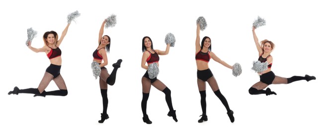 Image of Collage with photos of beautiful happy cheerleaders with pom poms in uniform on white background