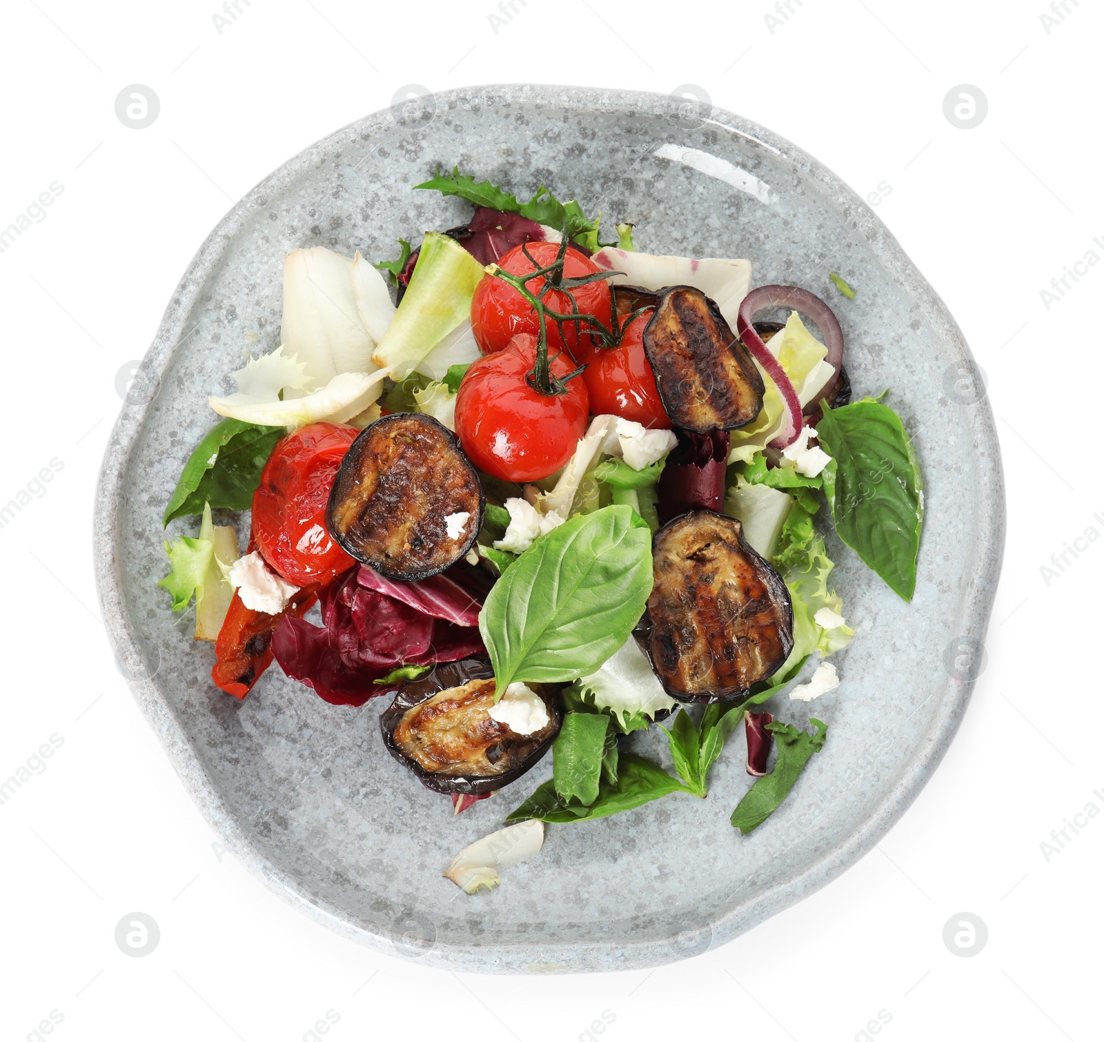 Photo of Delicious salad with roasted eggplant, basil and cheese isolated on white, top view