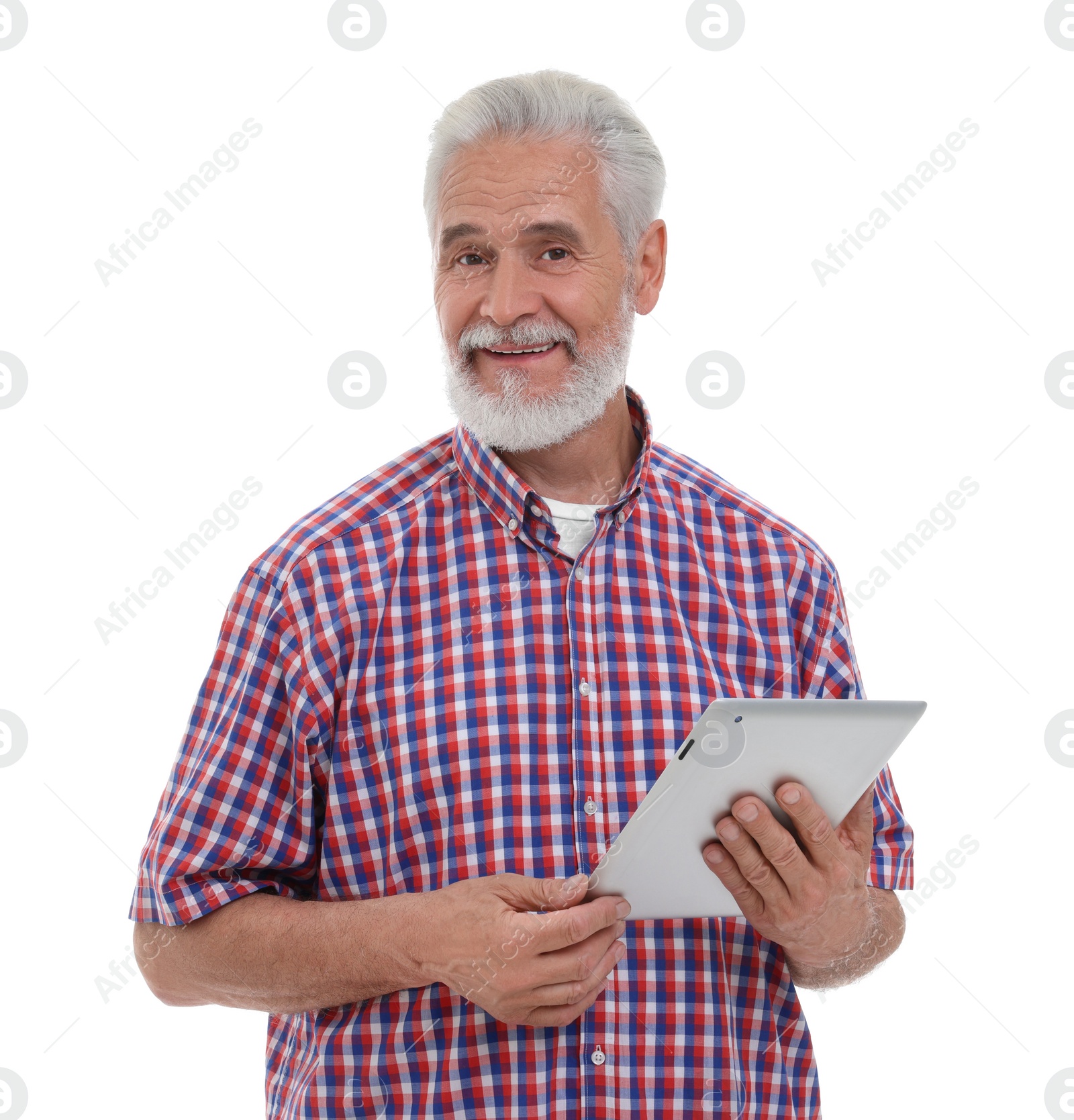 Photo of Smiling man with tablet on white background
