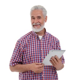 Smiling man with tablet on white background