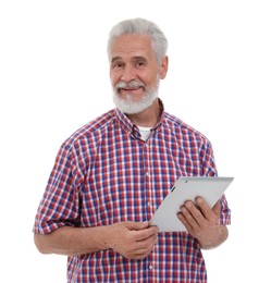 Photo of Smiling man with tablet on white background