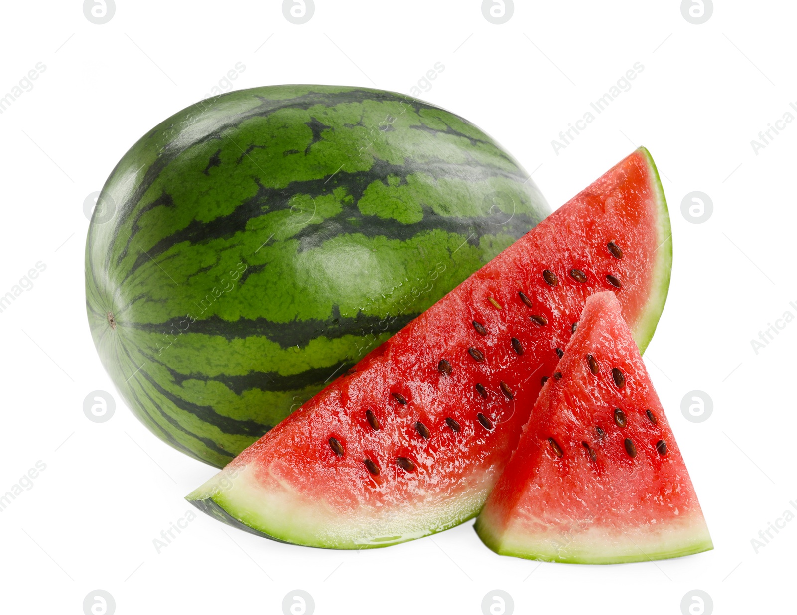 Photo of Whole and cut delicious ripe watermelon on white background