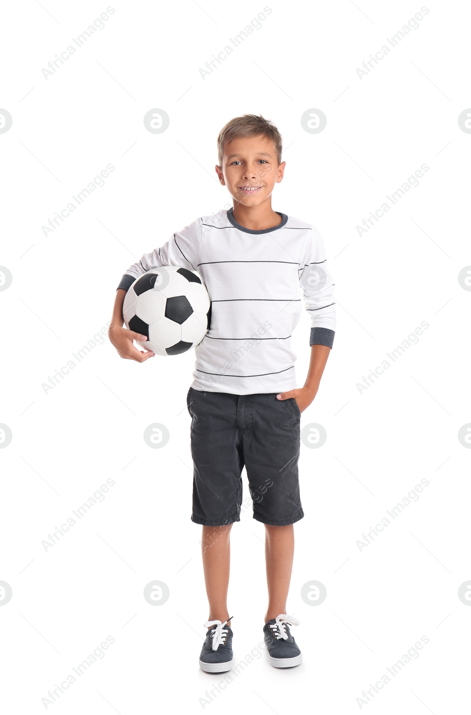 Photo of Adorable little boy with soccer ball on white background