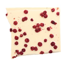 Photo of Half of chocolate bar with freeze dried red currants isolated on white, top view