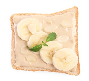 Photo of Toast with tasty nut butter, banana slices and almond flakes isolated on white, top view