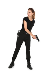 Photo of Female security guard in uniform with gun on white background