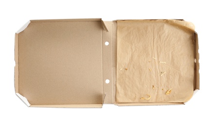 Open cardboard pizza box on white background