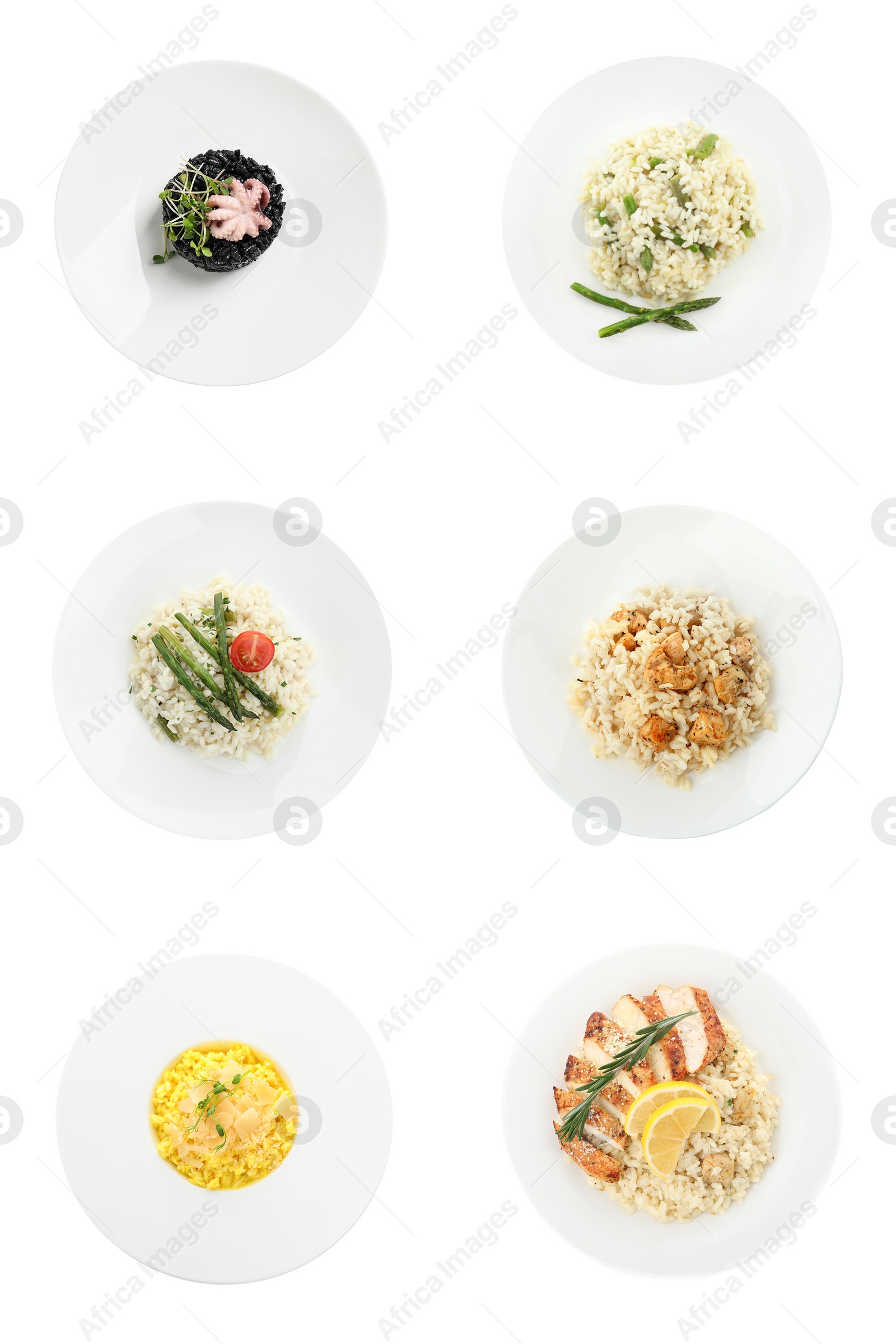 Image of Collage with delicious rissotos on white background, top view