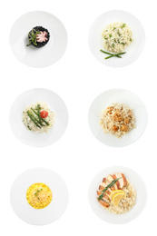 Image of Collage with delicious rissotos on white background, top view